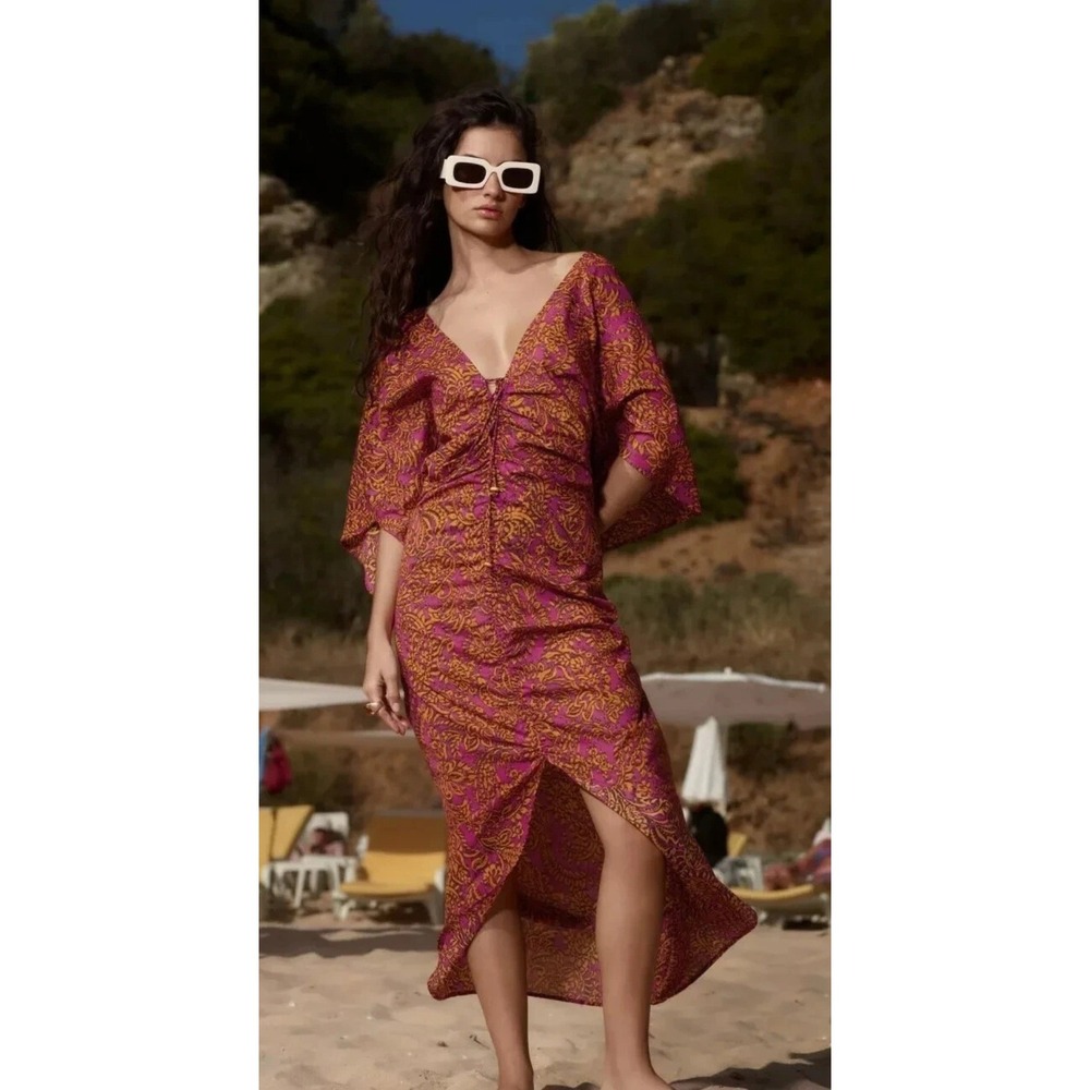 Zara Pink Orange Paisley Print Kaftan Midi Dress Size L V-Neck Cotton 8402/053
